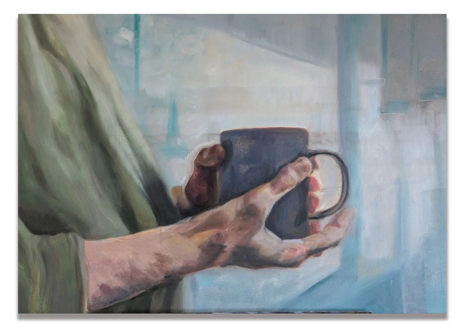 The Clarinet Teacher — oil painting of hands holding a dark mug