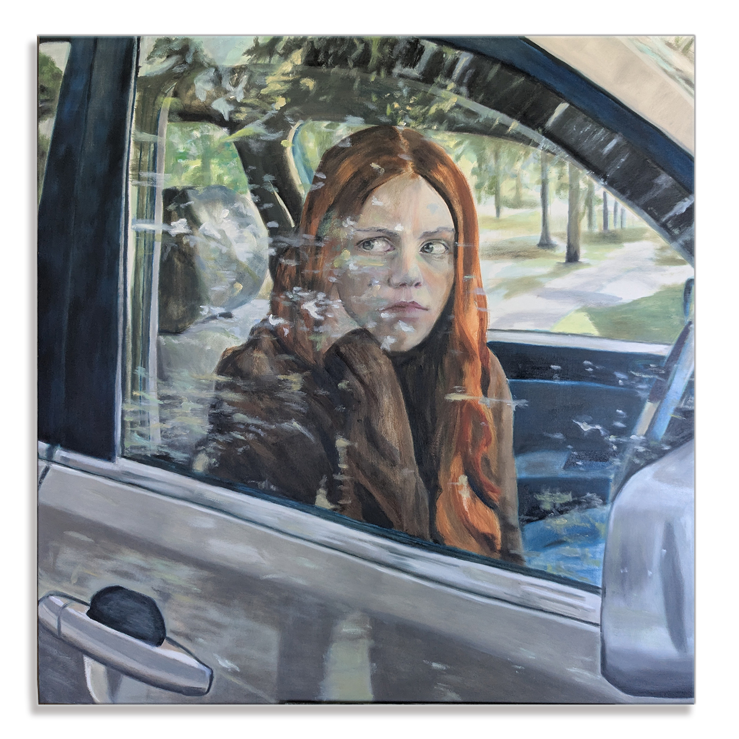 "I May as Well Give You a Lift" — oil painting of a girl with red hair looking out of a car window