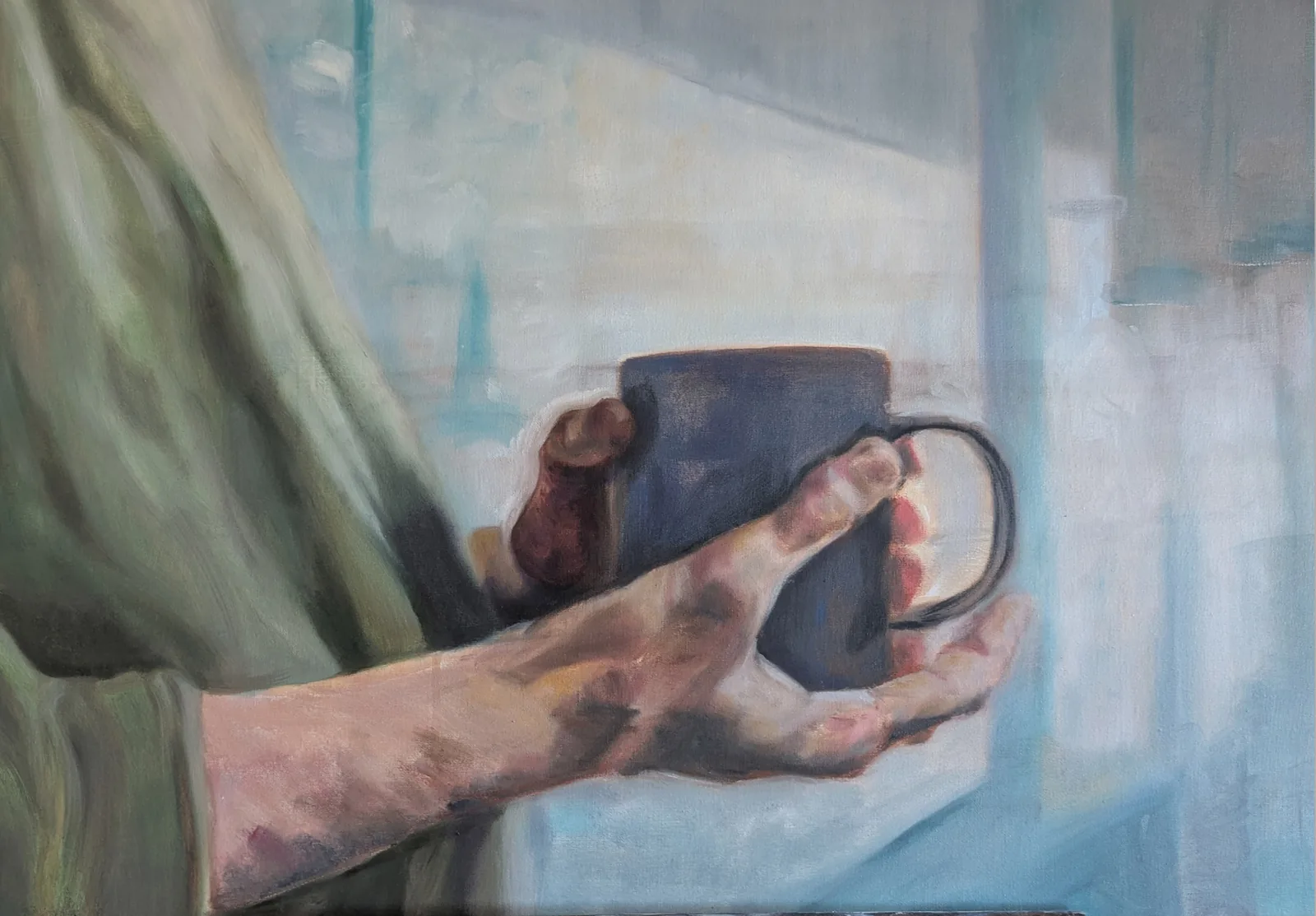 The Clarinet Teacher — oil painting of hands holding a dark mug, by Helen