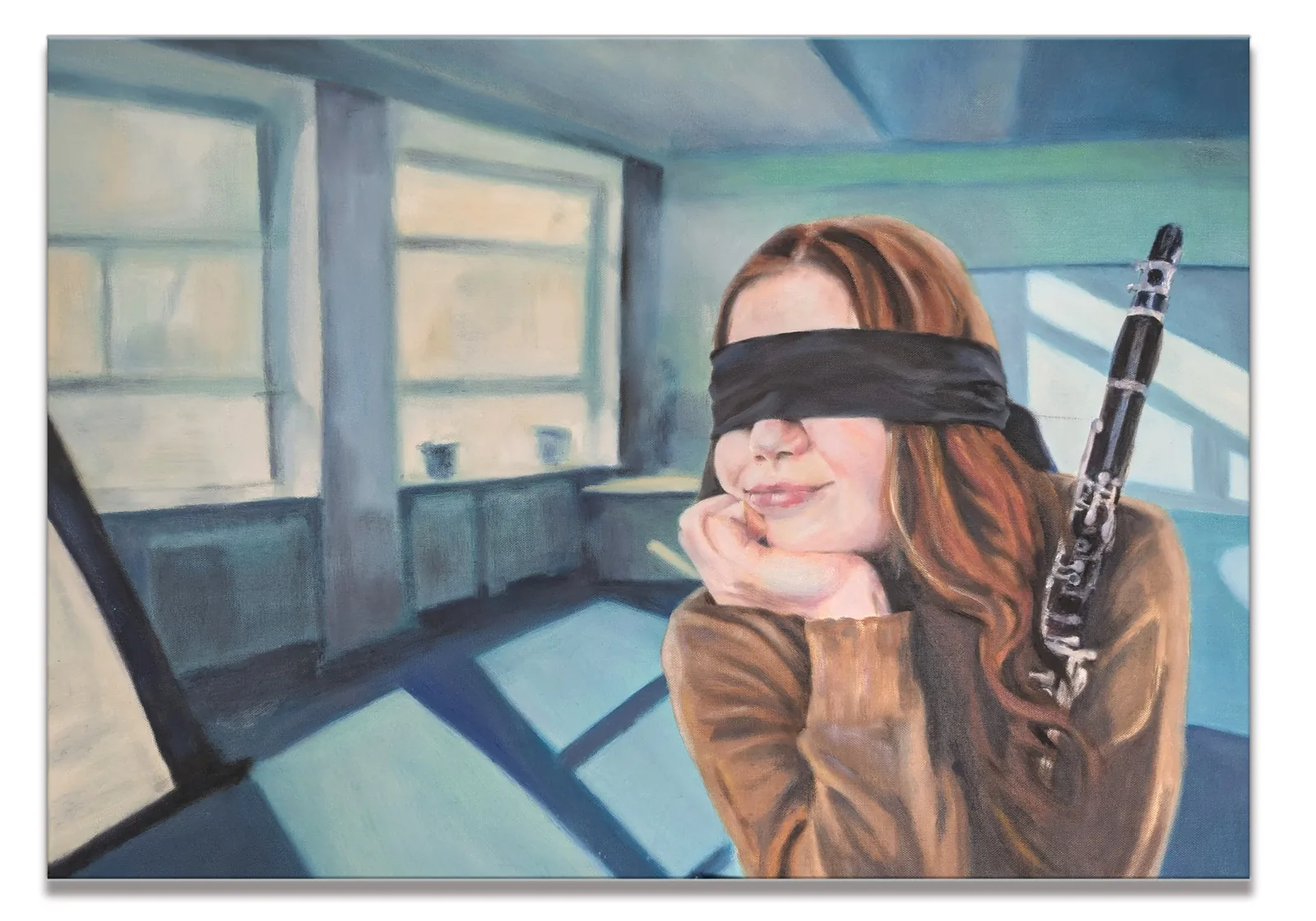 I Thought it was all about the Music — oil painting of a blindfolded girl with a clarinet