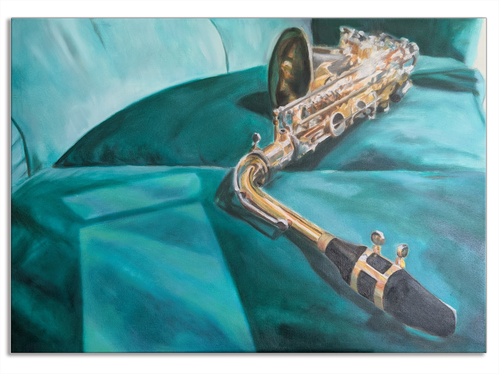 When the Music Stops Playing, Everyone Still Hears the Music — oil painting of a saxophone resting on blue fabric