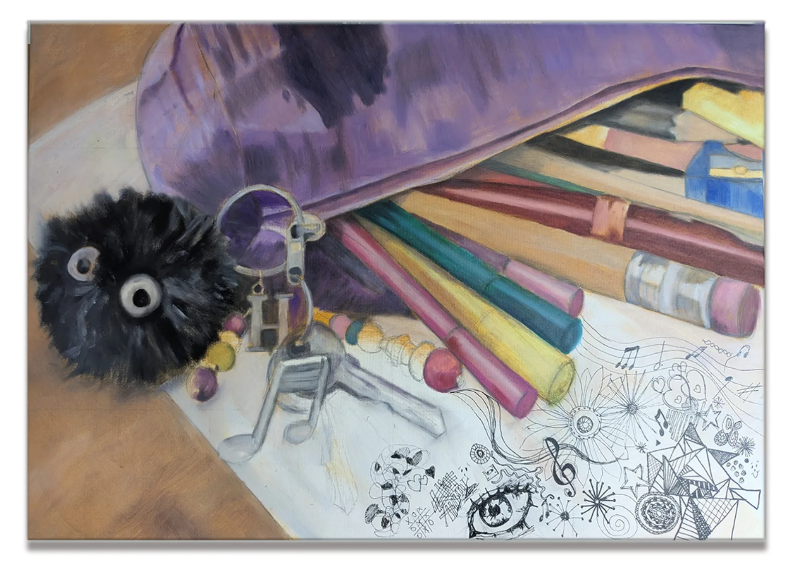In My Own Little World — oil painting of a pencil case spilling pens, a black pom-pom keyring, and doodles